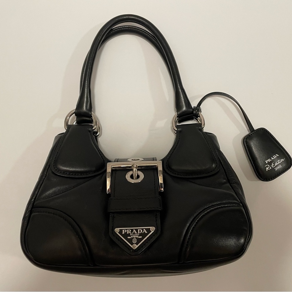 PRADA Italy Black- Genuine Nappa Leather Small Shoulder Authentic Moon Bag